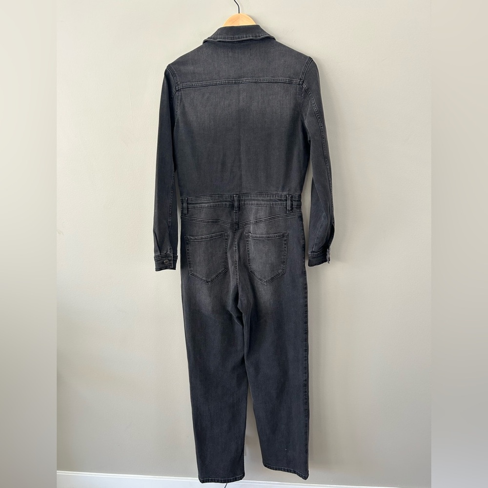 DYNAMITE Distressed Black Denim Long Sleeve Western Chic Straight Leg Jumpsuit - Picture 5 of 8